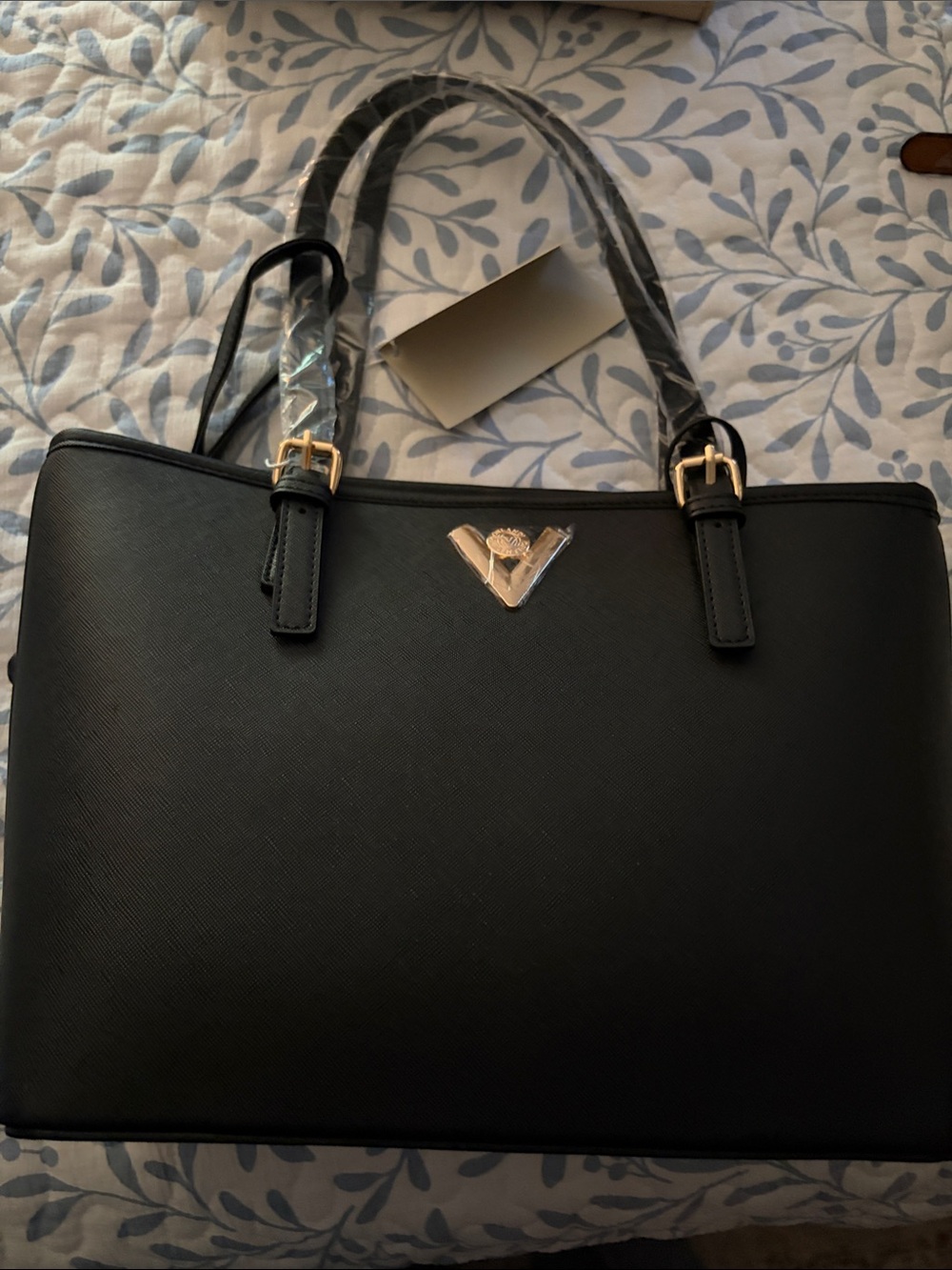 Valentino Orlandi Black Shoulder Tote with Gold V Accent